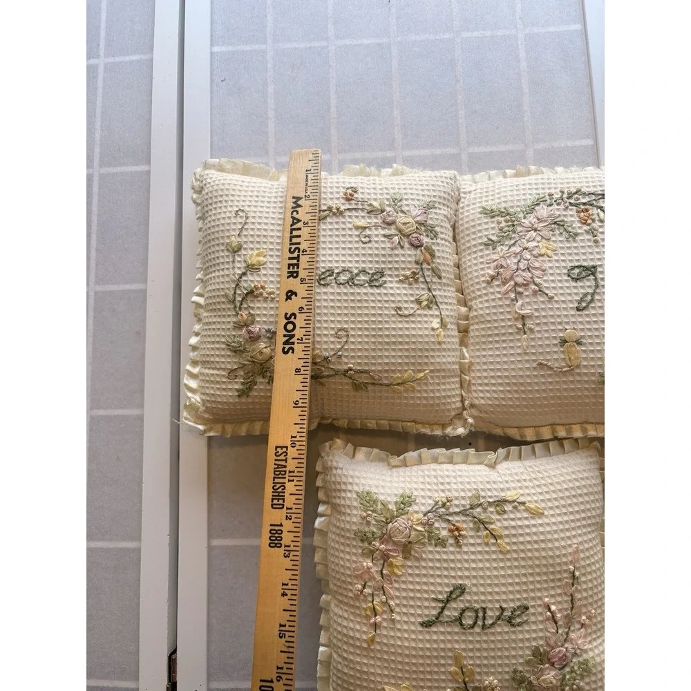 3 Cottagecore Shabby Chic Mini Pillows PEACE JOY LOVE Embroidered Floral Rosette